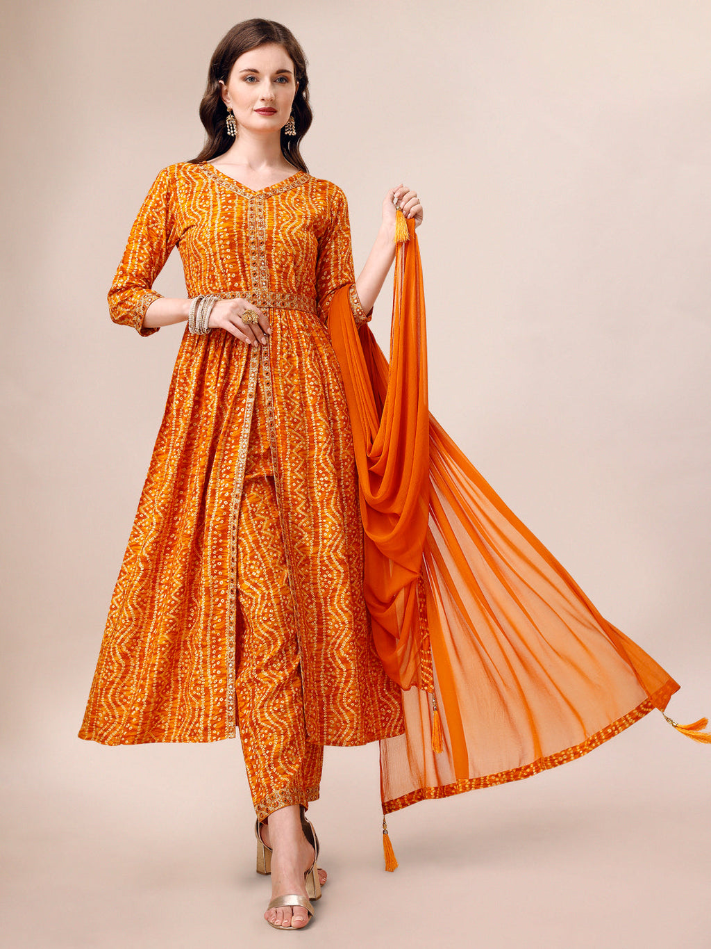 Printed & Embroidered Front Slit Kurta, Pant, Dupatta And Belt Set, Multicolor - Hiral Fashion - Distacart