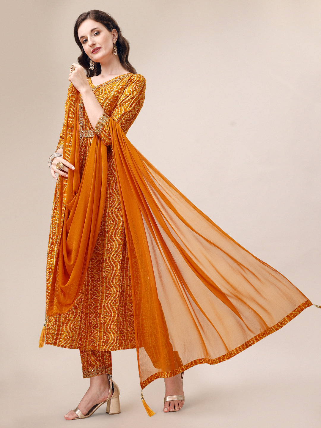 Printed & Embroidered Front Slit Kurta, Pant, Dupatta And Belt Set, Multicolor - Hiral Fashion - Distacart