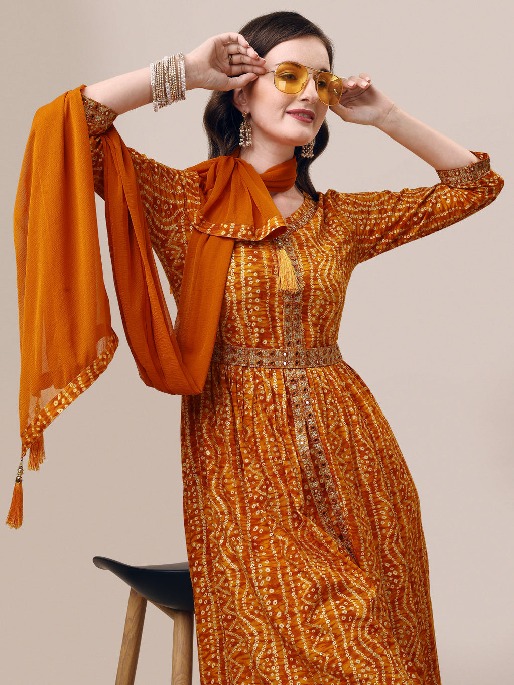 Printed & Embroidered Front Slit Kurta, Pant, Dupatta And Belt Set, Multicolor - Hiral Fashion - Distacart