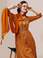 Printed & Embroidered Front Slit Kurta, Pant, Dupatta And Belt Set, Multicolor - Hiral Fashion - Distacart