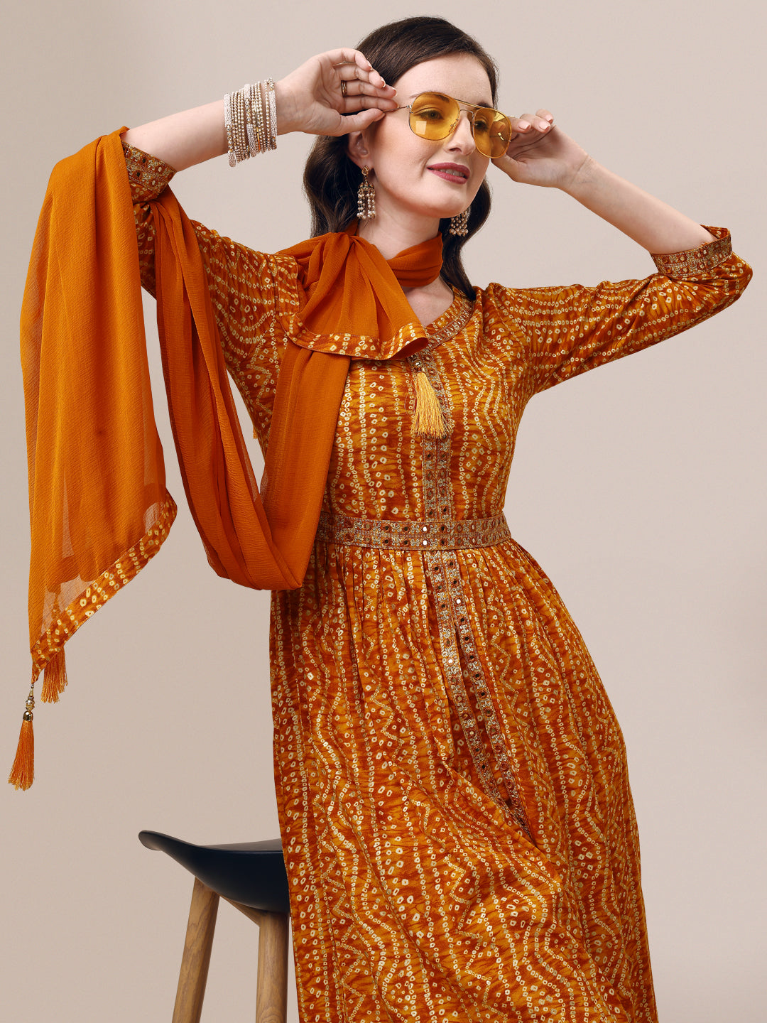 Printed & Embroidered Front Slit Kurta, Pant, Dupatta And Belt Set, Multicolor - Hiral Fashion - Distacart