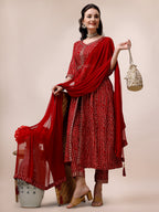 Bandhani Printed & Embroidered Front Slit Kurta,Pant,Dupatta & Belt Set, Multicolor - Hiral Fashion - Distacart