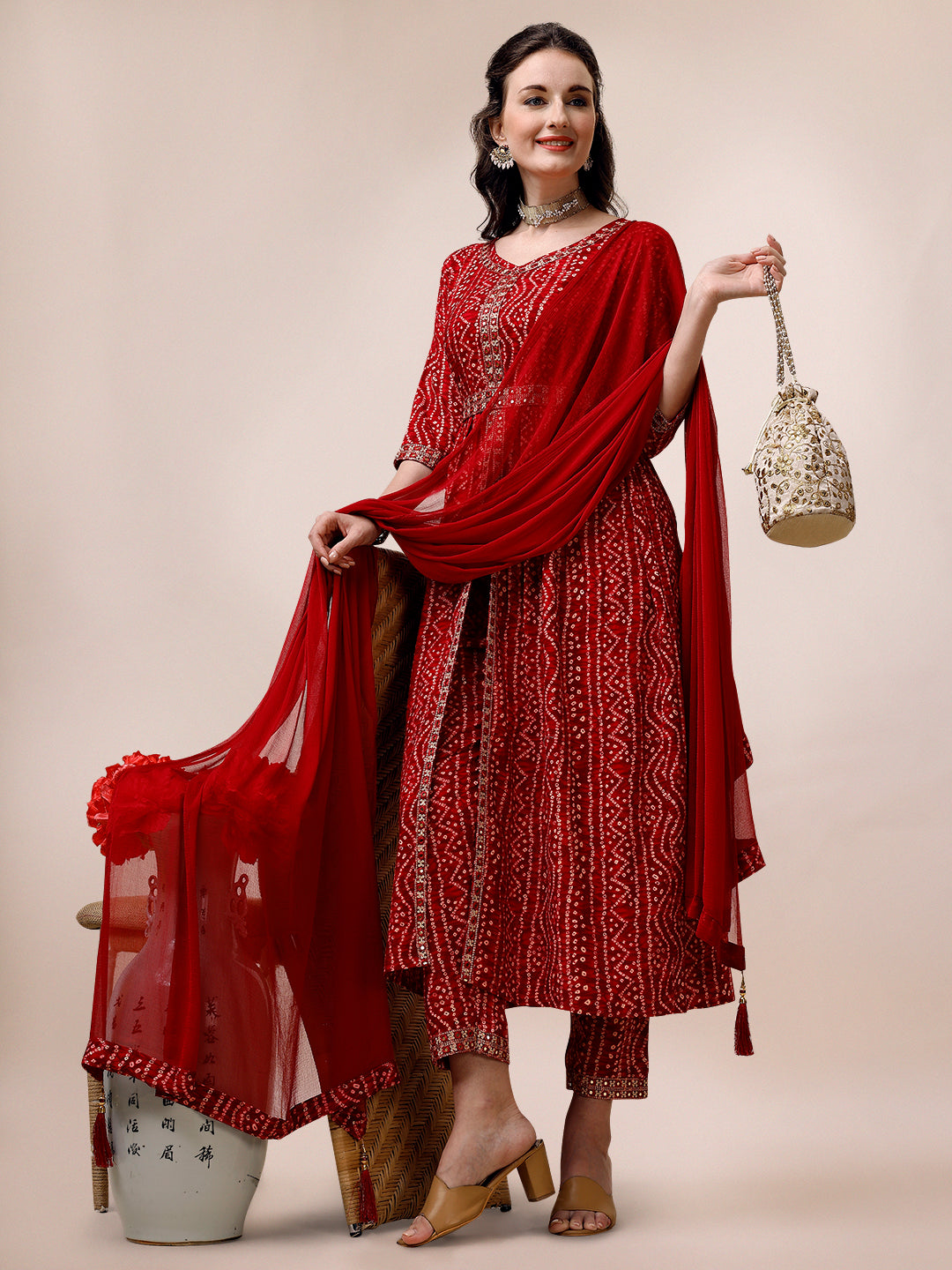Bandhani Printed & Embroidered Front Slit Kurta,Pant,Dupatta & Belt Set, Multicolor - Hiral Fashion - Distacart