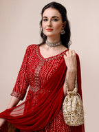 Bandhani Printed & Embroidered Front Slit Kurta,Pant,Dupatta & Belt Set, Multicolor - Hiral Fashion - Distacart