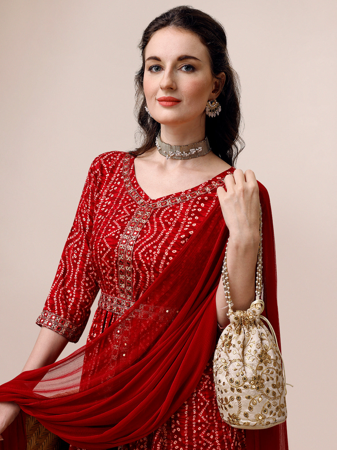 Bandhani Printed & Embroidered Front Slit Kurta,Pant,Dupatta & Belt Set, Multicolor - Hiral Fashion - Distacart