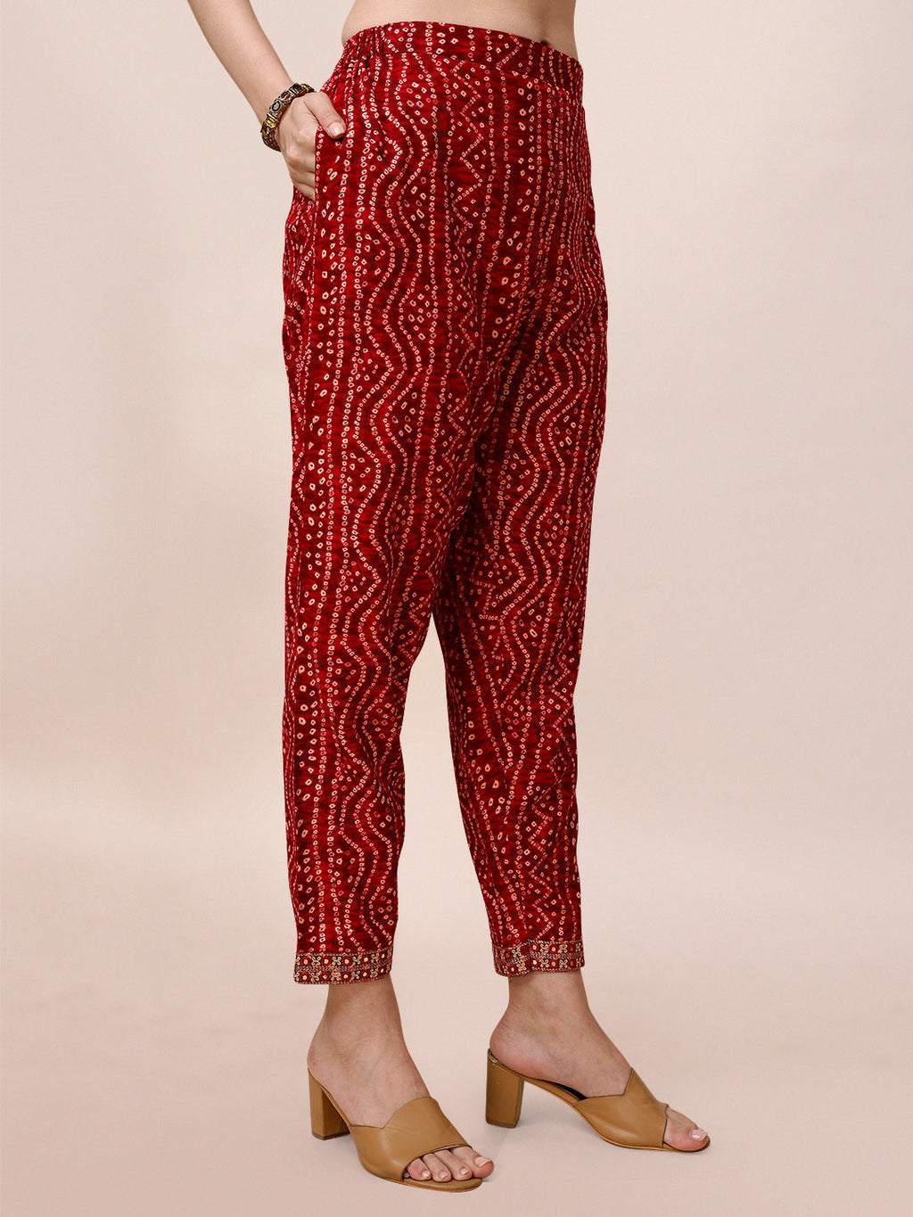 Bandhani Printed & Embroidered Front Slit Kurta,Pant,Dupatta & Belt Set, Multicolor - Hiral Fashion - Distacart