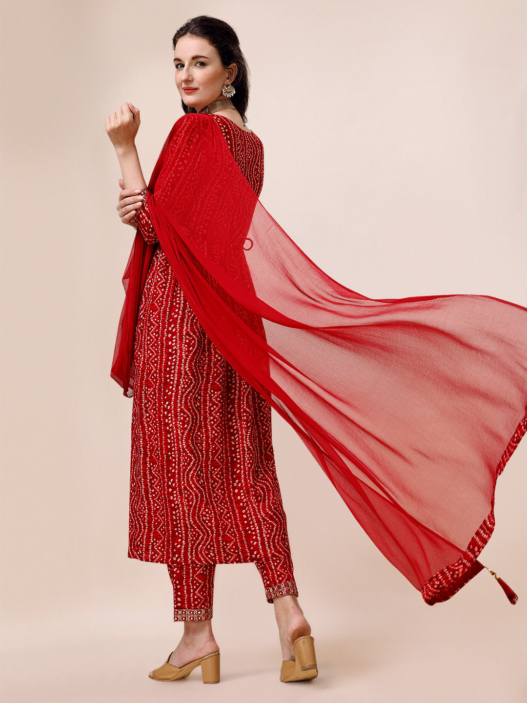 Bandhani Printed & Embroidered Front Slit Kurta,Pant,Dupatta & Belt Set, Multicolor - Hiral Fashion - Distacart