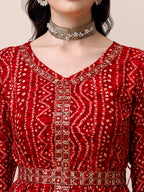 Bandhani Printed & Embroidered Front Slit Kurta,Pant,Dupatta & Belt Set, Multicolor - Hiral Fashion - Distacart