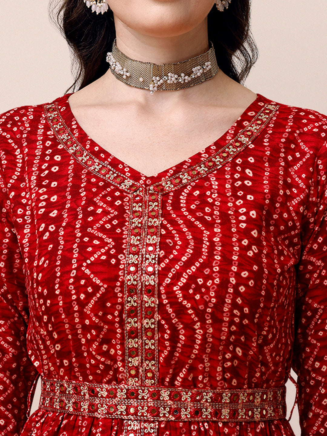 Bandhani Printed & Embroidered Front Slit Kurta,Pant,Dupatta & Belt Set, Multicolor - Hiral Fashion - Distacart
