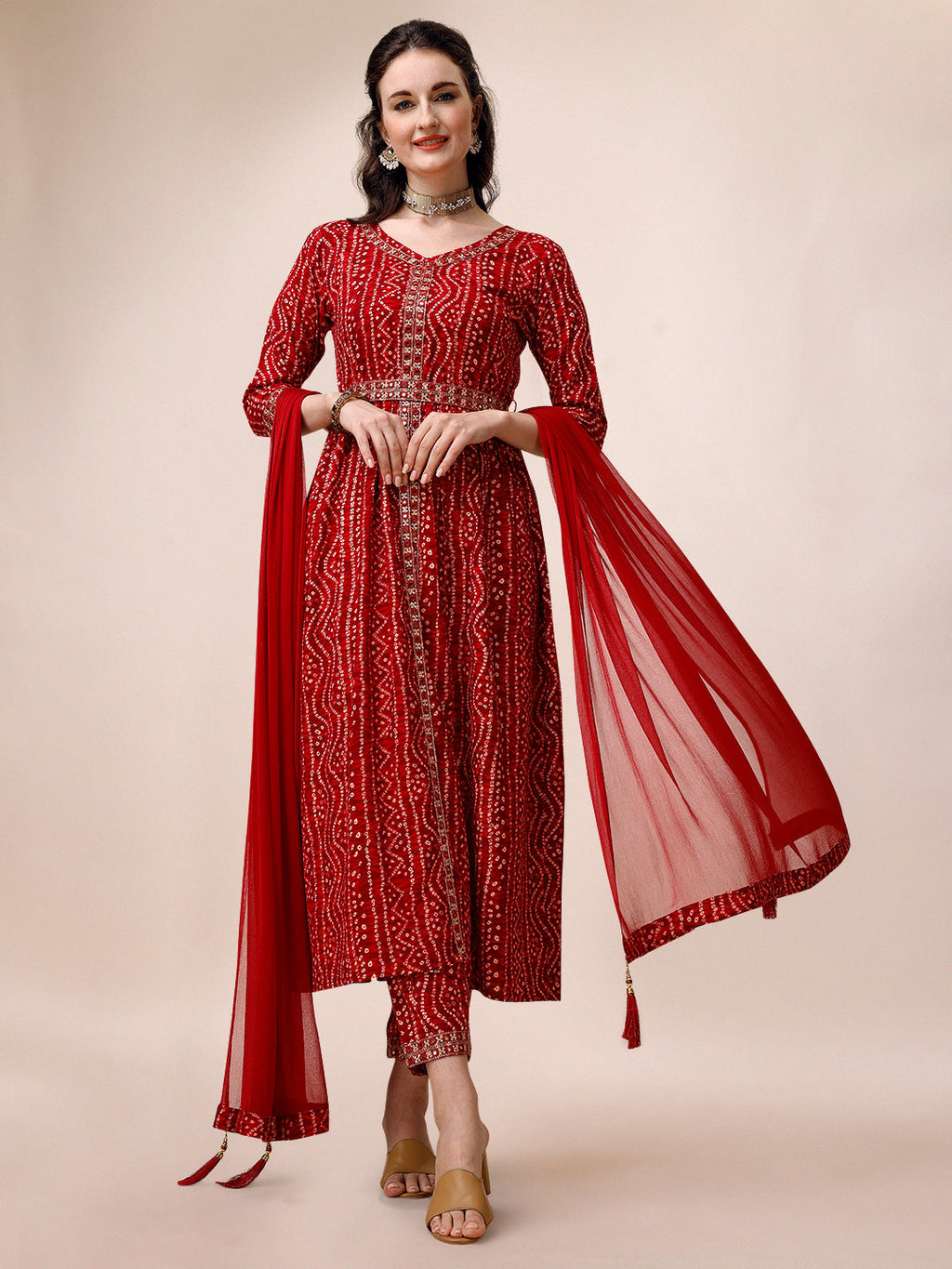 Bandhani Printed & Embroidered Front Slit Kurta,Pant,Dupatta & Belt Set, Multicolor - Hiral Fashion - Distacart