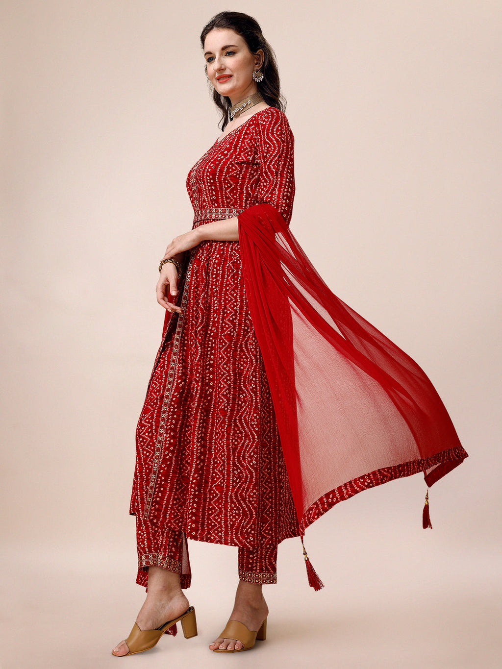 Bandhani Printed & Embroidered Front Slit Kurta,Pant,Dupatta & Belt Set, Multicolor - Hiral Fashion - Distacart