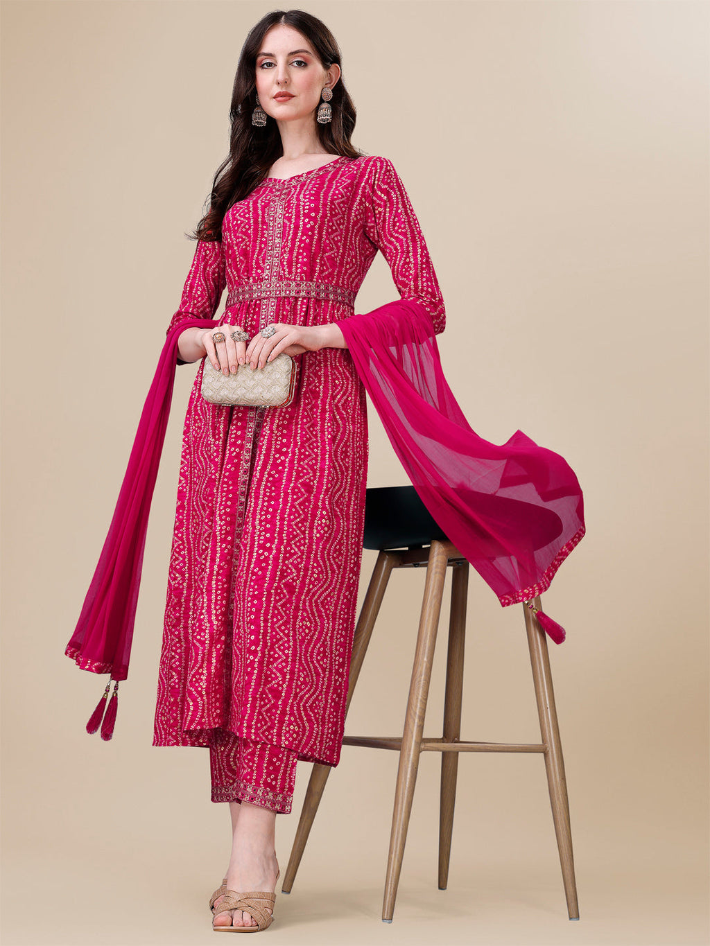 Printed & Embroidered Front Slit Kurta, Pant, Dupatta And Belt Set, Multicolor - Hiral Fashion - Distacart