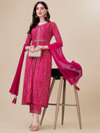 Printed & Embroidered Front Slit Kurta, Pant, Dupatta And Belt Set, Multicolor - Hiral Fashion - Distacart