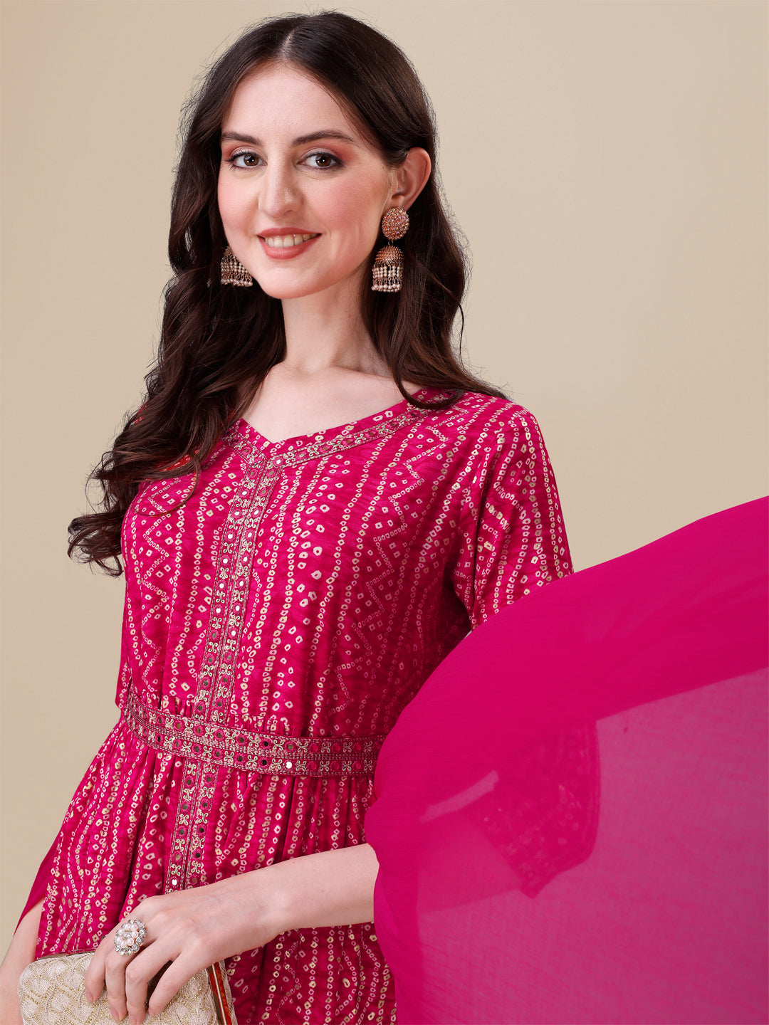 Printed & Embroidered Front Slit Kurta, Pant, Dupatta And Belt Set, Multicolor - Hiral Fashion - Distacart
