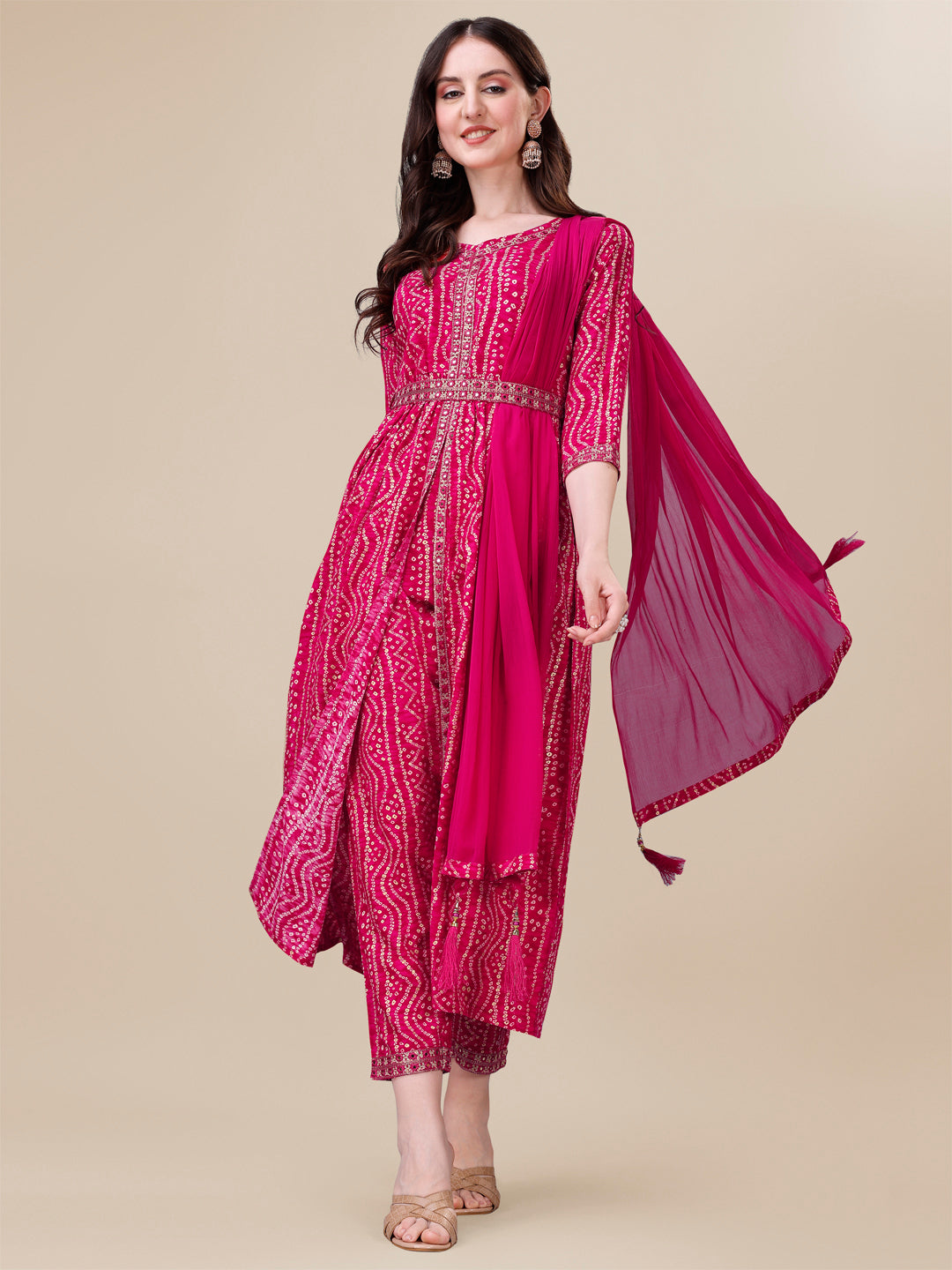 Printed & Embroidered Front Slit Kurta, Pant, Dupatta And Belt Set, Multicolor - Hiral Fashion - Distacart
