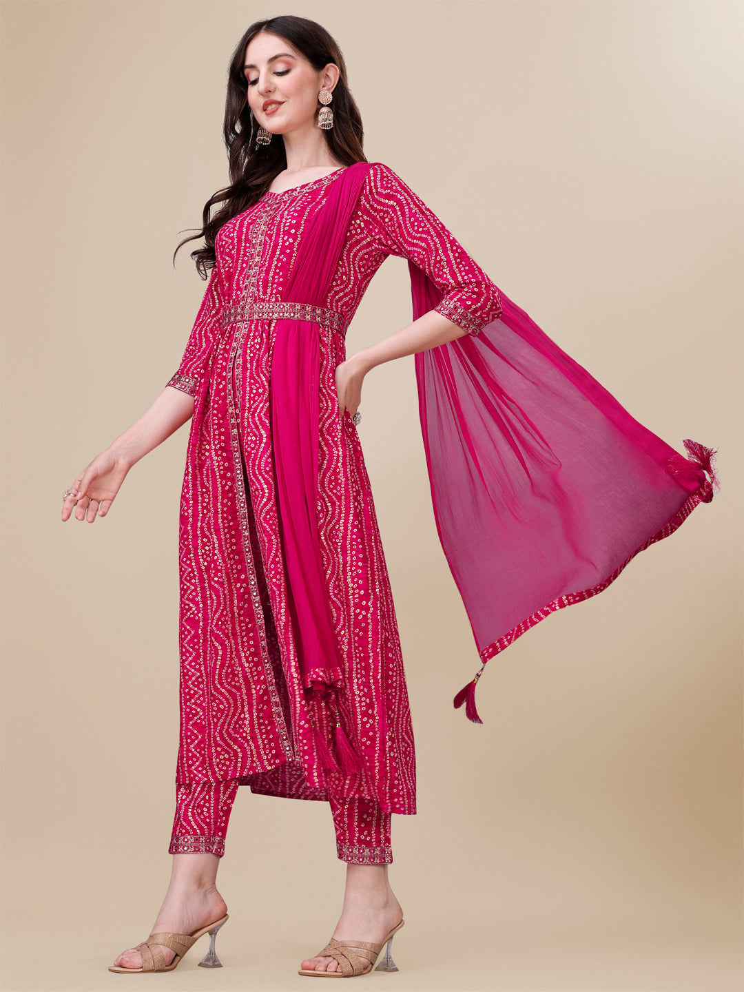 Printed & Embroidered Front Slit Kurta, Pant, Dupatta And Belt Set, Multicolor - Hiral Fashion - Distacart