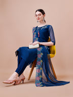 Placement Hand Embroidered Kurta With Pant & Embroidered Organza Dupatta, Multicolor - Hiral Fashion