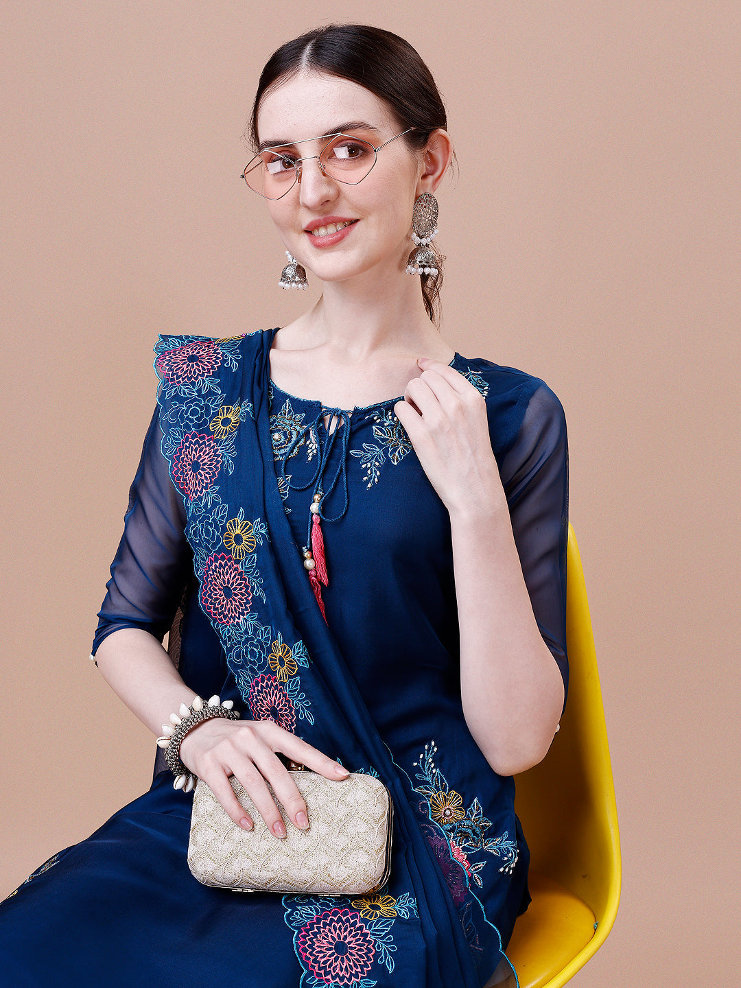 Placement Hand Embroidered Kurta With Pant & Embroidered Organza Dupatta, Multicolor - Hiral Fashion