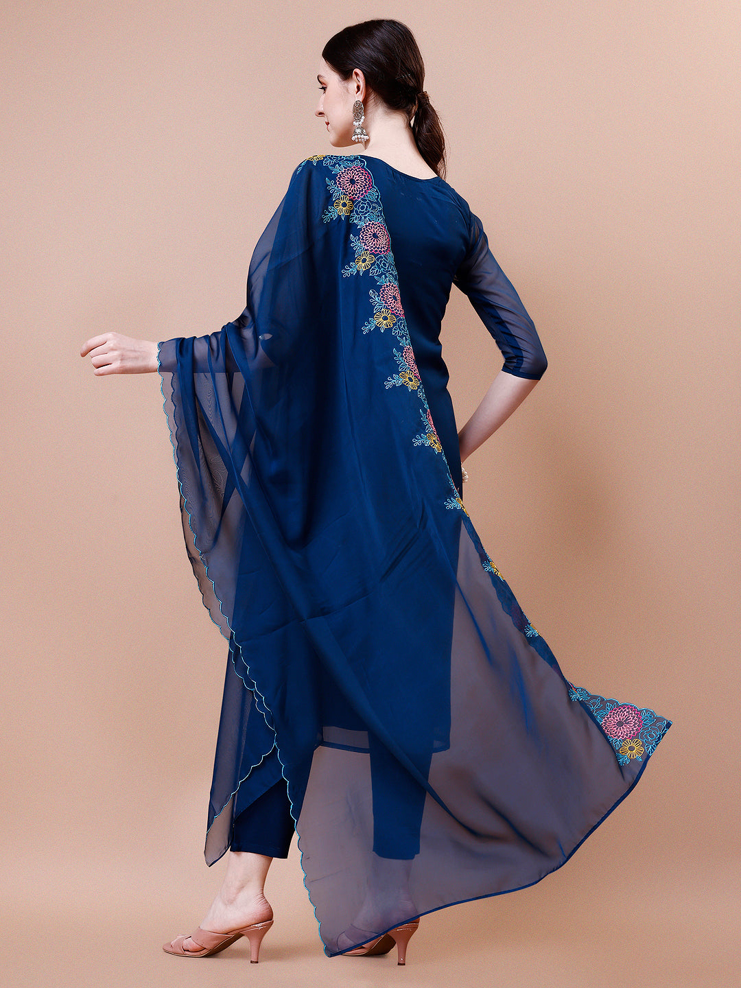 Placement Hand Embroidered Kurta With Pant & Embroidered Organza Dupatta, Multicolor - Hiral Fashion