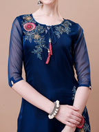 Placement Hand Embroidered Kurta With Pant & Embroidered Organza Dupatta, Multicolor - Hiral Fashion