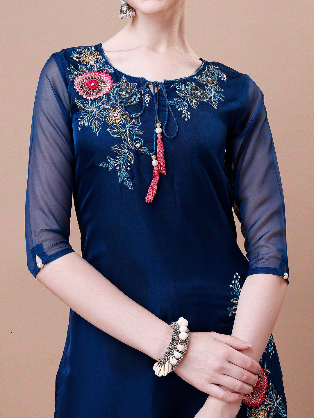 Placement Hand Embroidered Kurta With Pant & Embroidered Organza Dupatta, Multicolor - Hiral Fashion