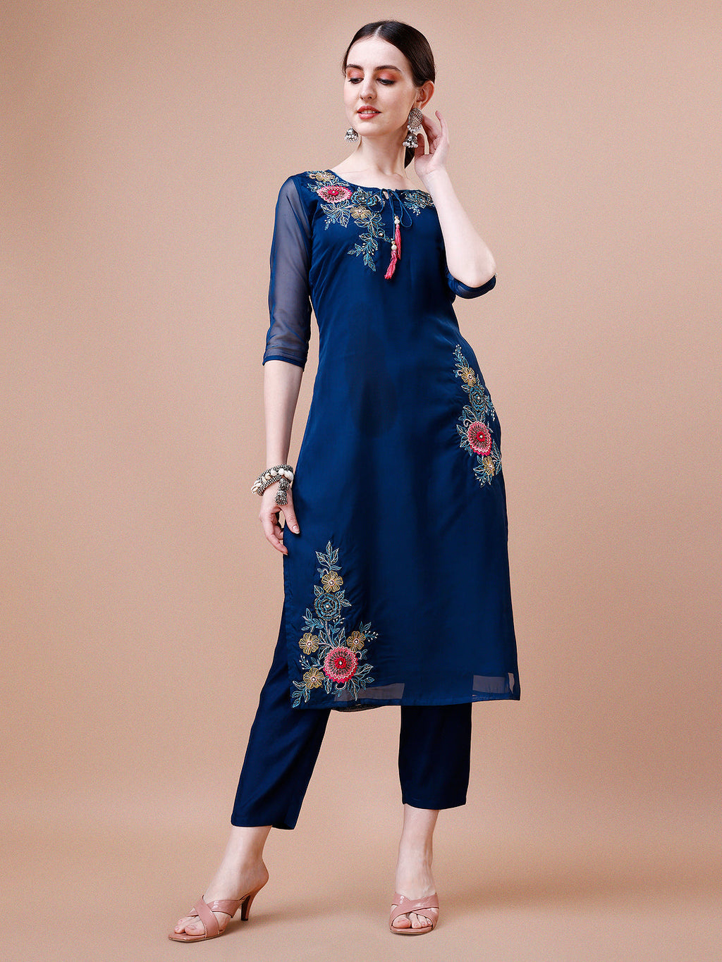 Placement Hand Embroidered Kurta With Pant & Embroidered Organza Dupatta, Multicolor - Hiral Fashion