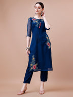 Placement Hand Embroidered Kurta With Pant & Embroidered Organza Dupatta, Multicolor - Hiral Fashion