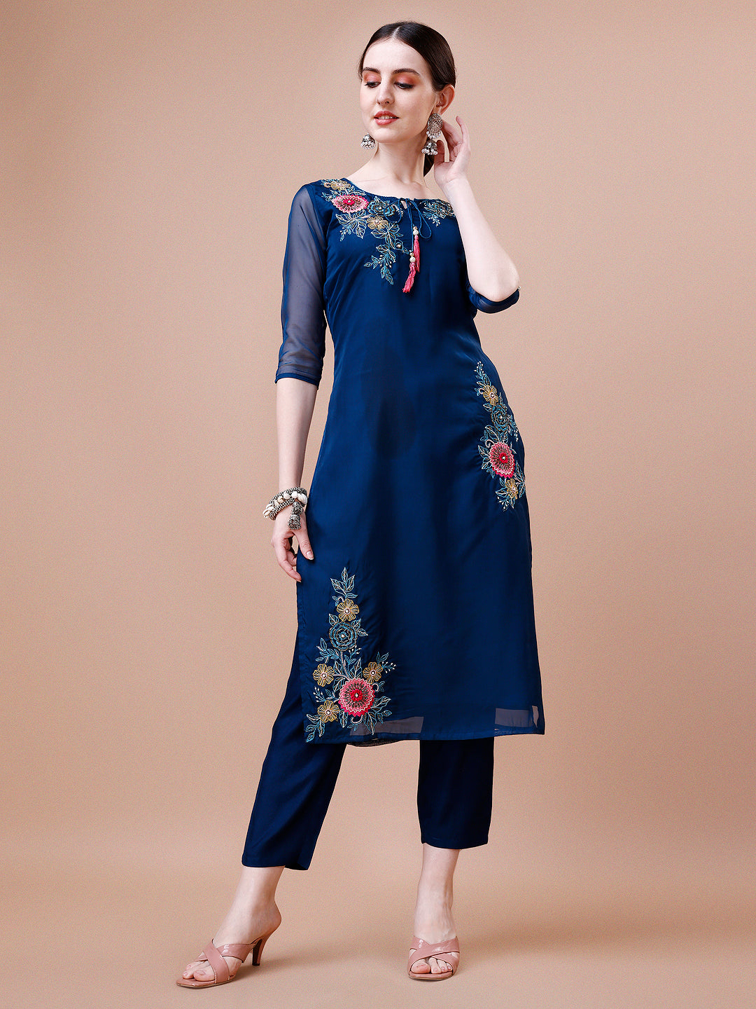 Placement Hand Embroidered Kurta With Pant & Embroidered Organza Dupatta, Multicolor - Hiral Fashion