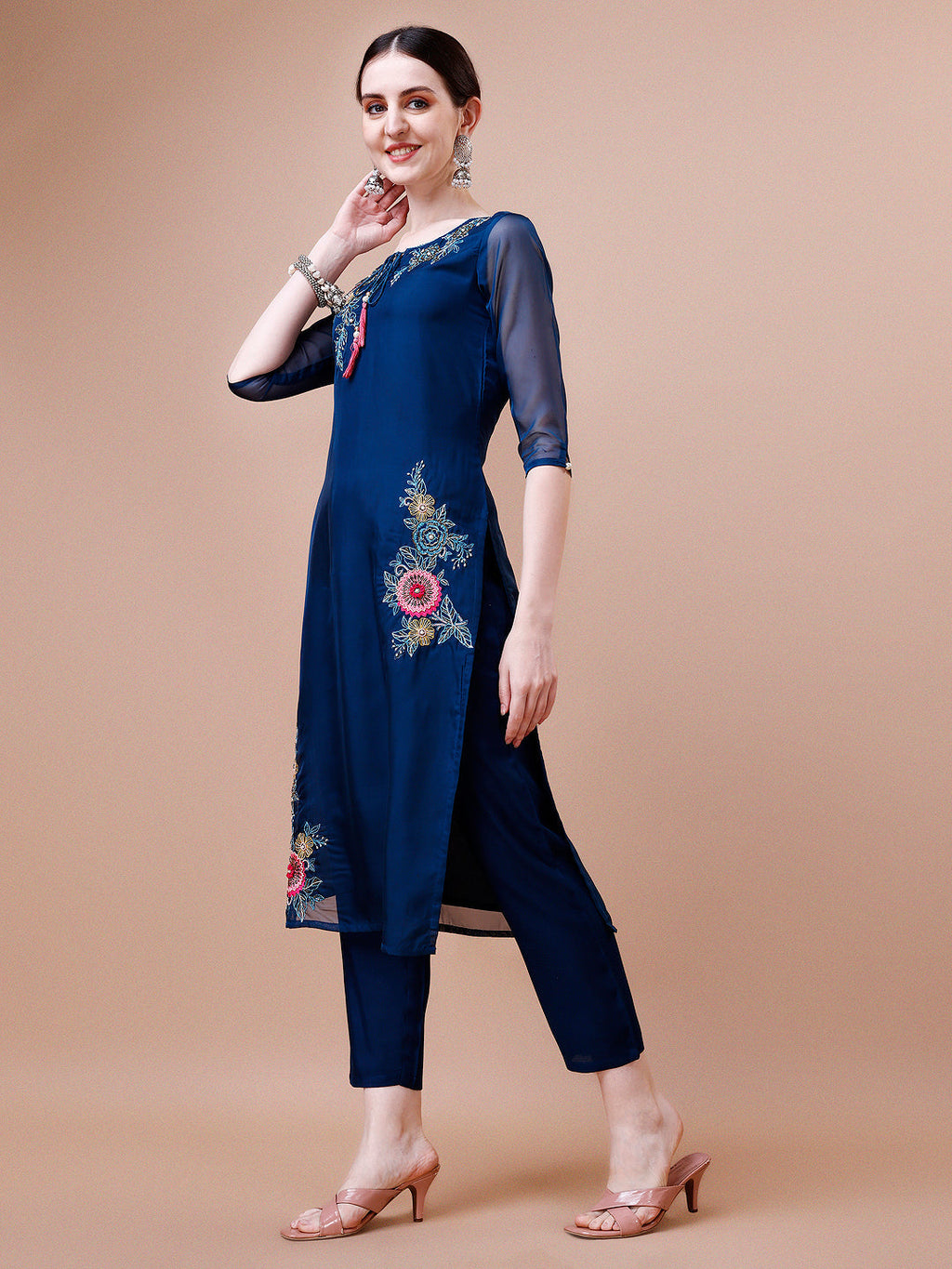 Placement Hand Embroidered Kurta With Pant & Embroidered Organza Dupatta, Multicolor - Hiral Fashion