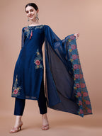 Placement Hand Embroidered Kurta With Pant & Embroidered Organza Dupatta, Multicolor - Hiral Fashion