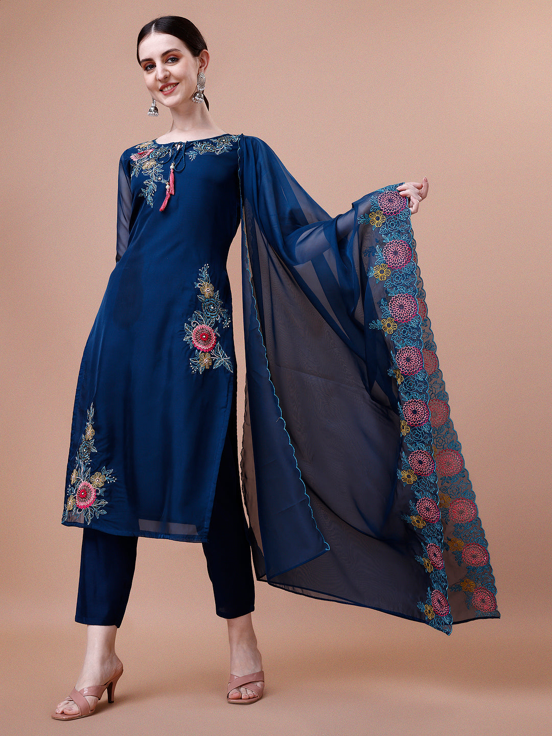 Placement Hand Embroidered Kurta With Pant & Embroidered Organza Dupatta, Multicolor - Hiral Fashion