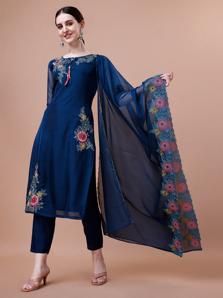 Placement Hand Embroidered Kurta With Pant & Embroidered Organza Dupatta, Multicolor - Hiral Fashion