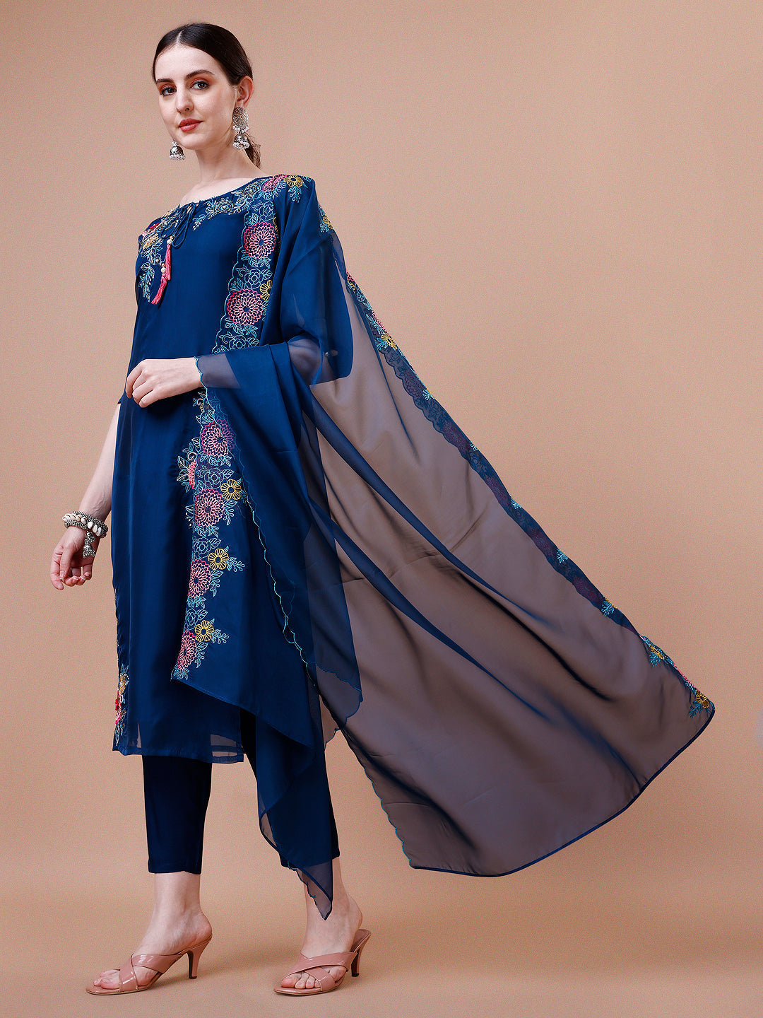 Placement Hand Embroidered Kurta With Pant & Embroidered Organza Dupatta, Multicolor - Hiral Fashion
