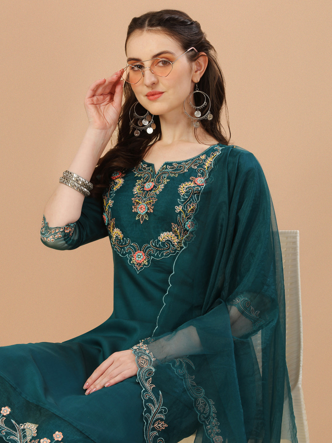Hand Embroidered Kurta With Pant & Organza Premium Embroidered Dupatta, Multicolor - Hiral Fashion - Distacart