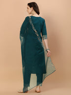 Hand Embroidered Kurta With Pant & Organza Premium Embroidered Dupatta, Multicolor - Hiral Fashion - Distacart