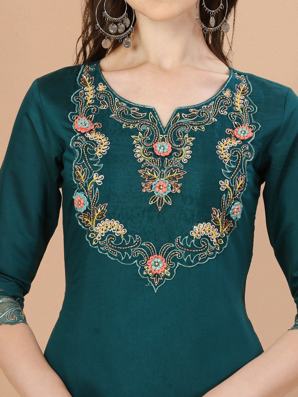 Hand Embroidered Kurta With Pant & Organza Premium Embroidered Dupatta, Multicolor - Hiral Fashion - Distacart