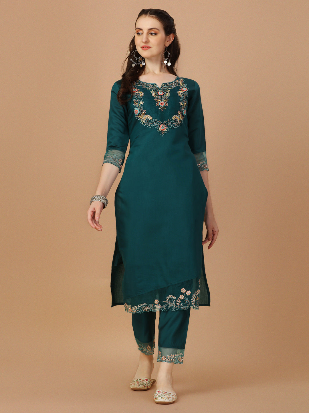 Hand Embroidered Kurta With Pant & Organza Premium Embroidered Dupatta, Multicolor - Hiral Fashion - Distacart