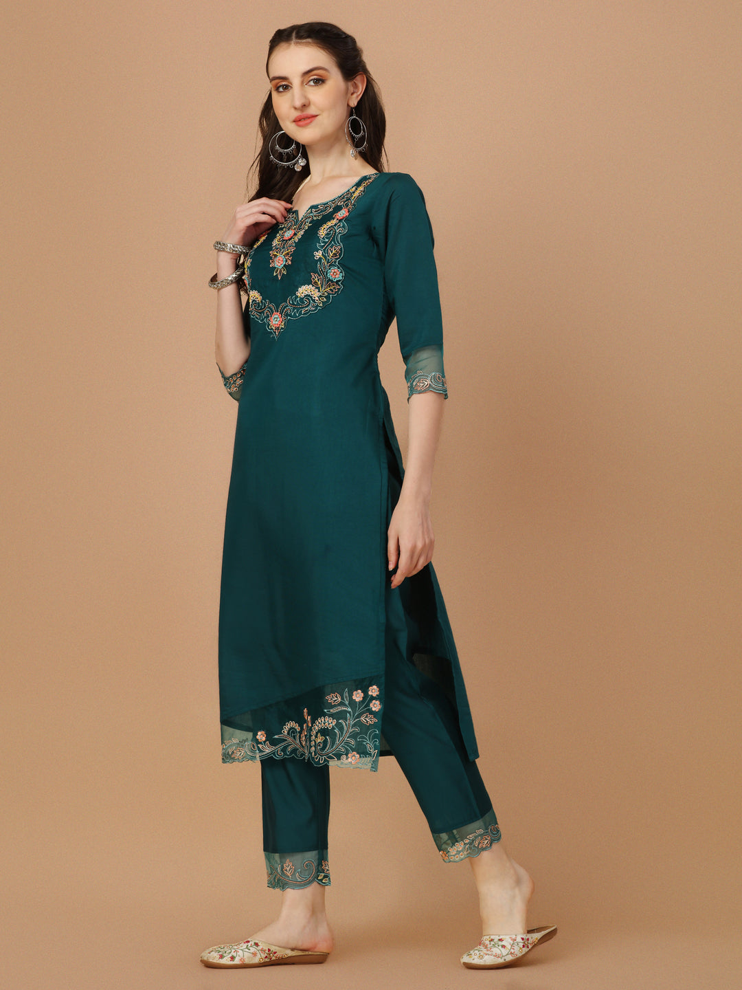 Hand Embroidered Kurta With Pant & Organza Premium Embroidered Dupatta, Multicolor - Hiral Fashion - Distacart