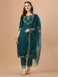Hand Embroidered Kurta With Pant & Organza Premium Embroidered Dupatta, Multicolor - Hiral Fashion - Distacart
