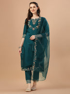 Hand Embroidered Kurta With Pant & Organza Premium Embroidered Dupatta, Multicolor - Hiral Fashion - Distacart