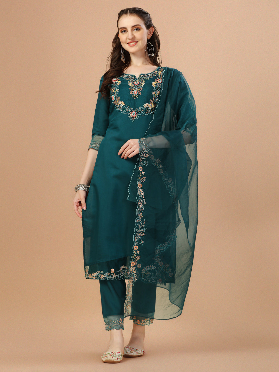Hand Embroidered Kurta With Pant & Organza Premium Embroidered Dupatta, Multicolor - Hiral Fashion - Distacart