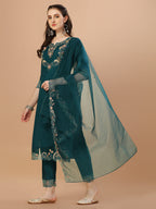 Hand Embroidered Kurta With Pant & Organza Premium Embroidered Dupatta, Multicolor - Hiral Fashion - Distacart