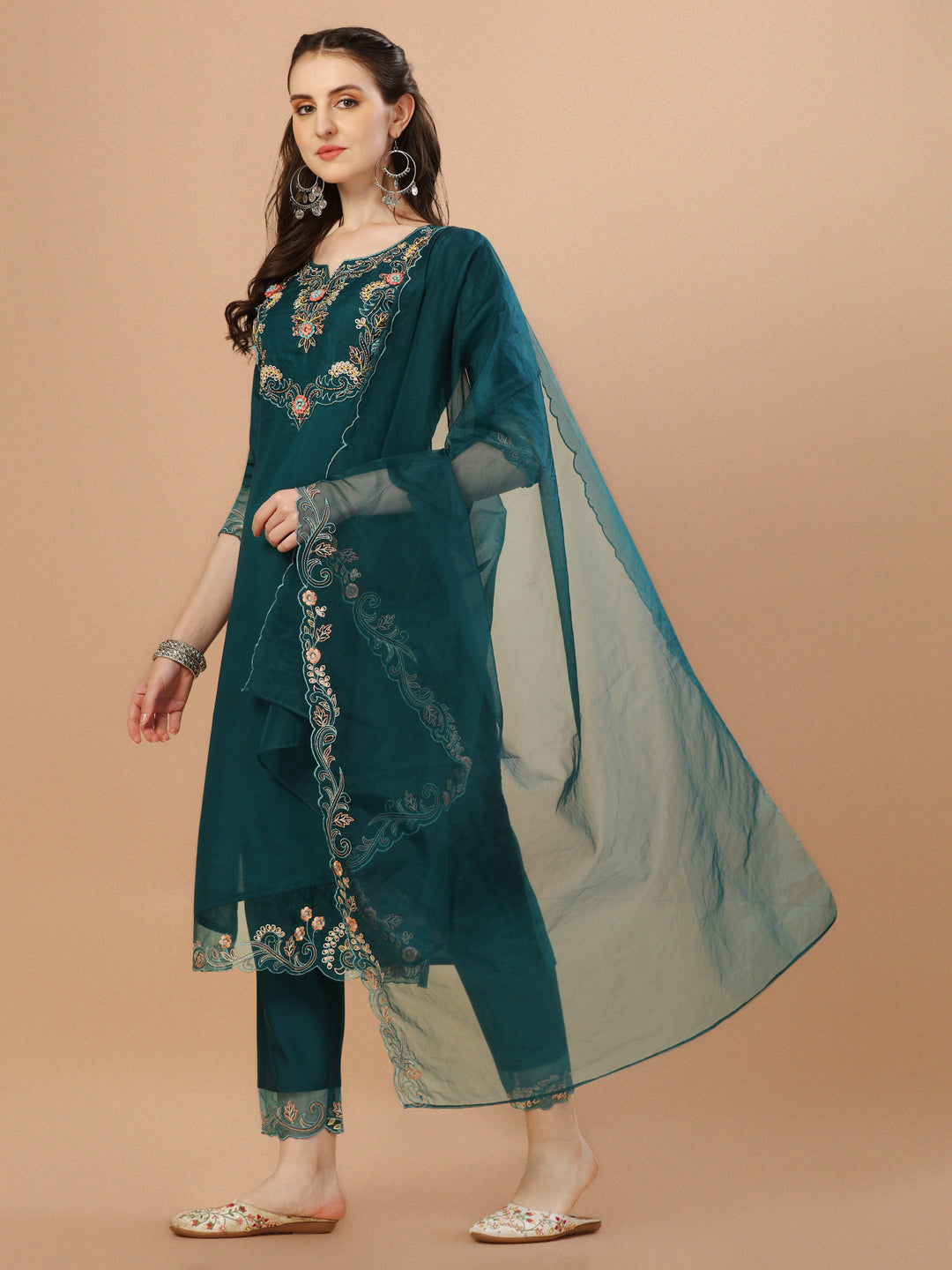 Hand Embroidered Kurta With Pant & Organza Premium Embroidered Dupatta, Multicolor - Hiral Fashion - Distacart