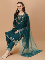Hand Embroidered Kurta With Pant & Organza Premium Embroidered Dupatta, Multicolor - Hiral Fashion - Distacart