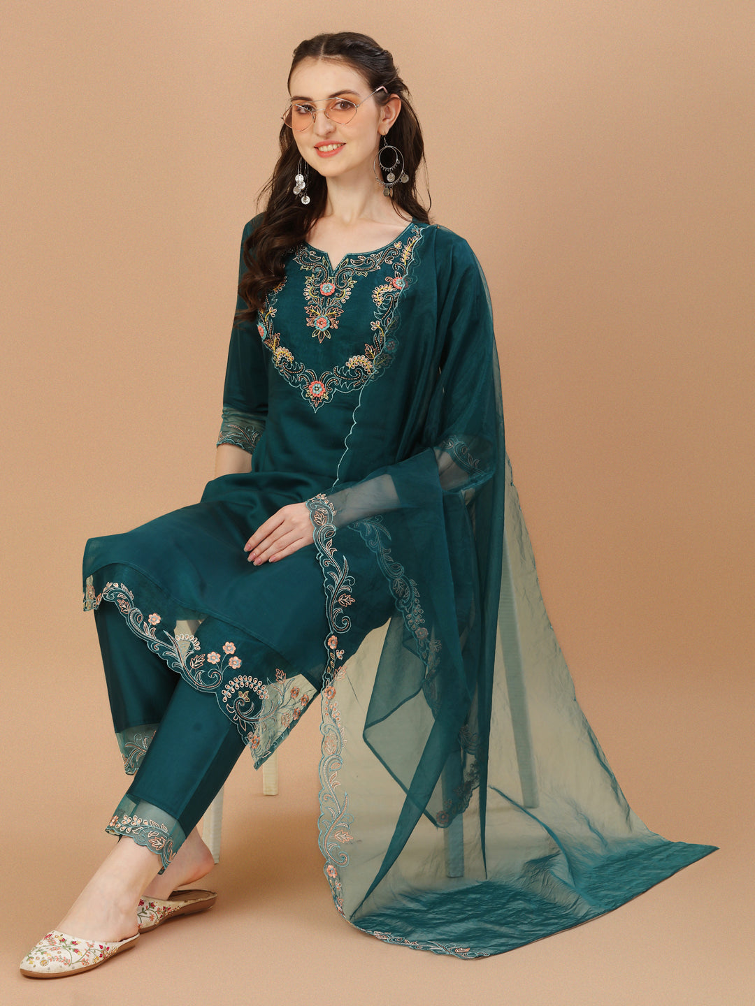 Hand Embroidered Kurta With Pant & Organza Premium Embroidered Dupatta, Multicolor - Hiral Fashion - Distacart