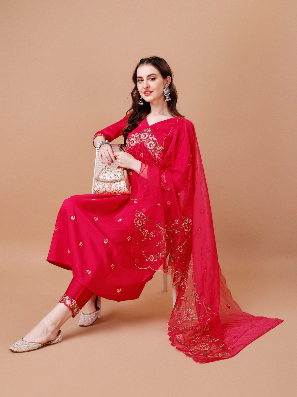 Alia Cut Embroidered Kurta With Pant & Organza Embroidered Dupatta Premium, Multicolor - Hiral Fashion - Distacart