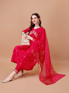 Alia Cut Embroidered Kurta With Pant & Organza Embroidered Dupatta Premium, Multicolor - Hiral Fashion - Distacart