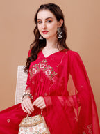 Alia Cut Embroidered Kurta With Pant & Organza Embroidered Dupatta Premium, Multicolor - Hiral Fashion - Distacart
