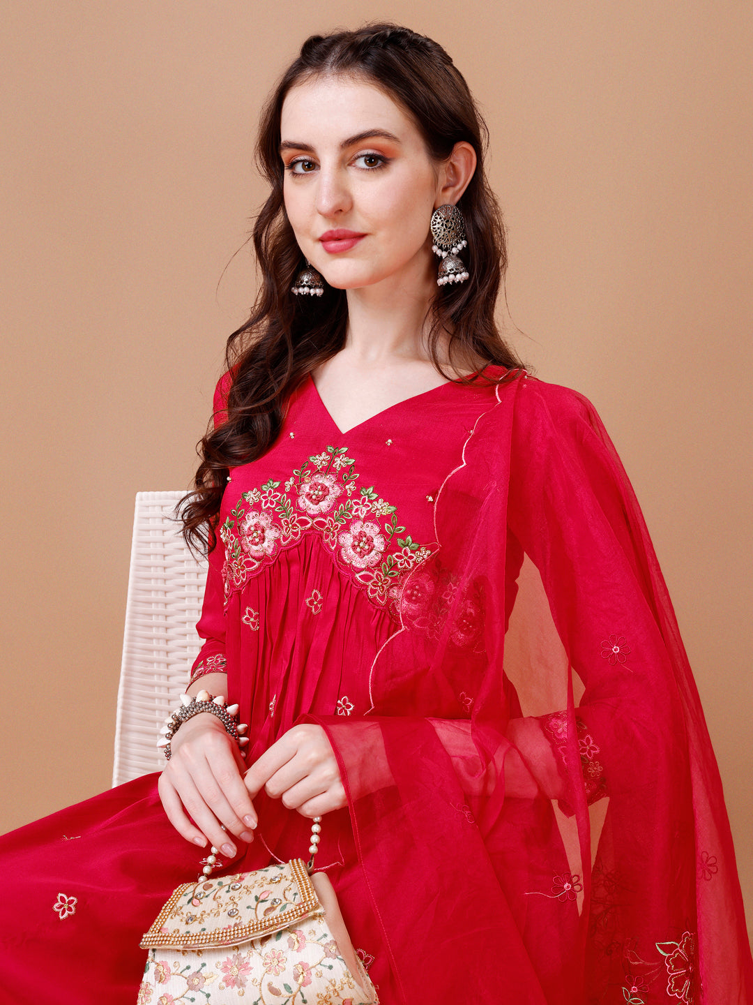 Alia Cut Embroidered Kurta With Pant & Organza Embroidered Dupatta Premium, Multicolor - Hiral Fashion - Distacart