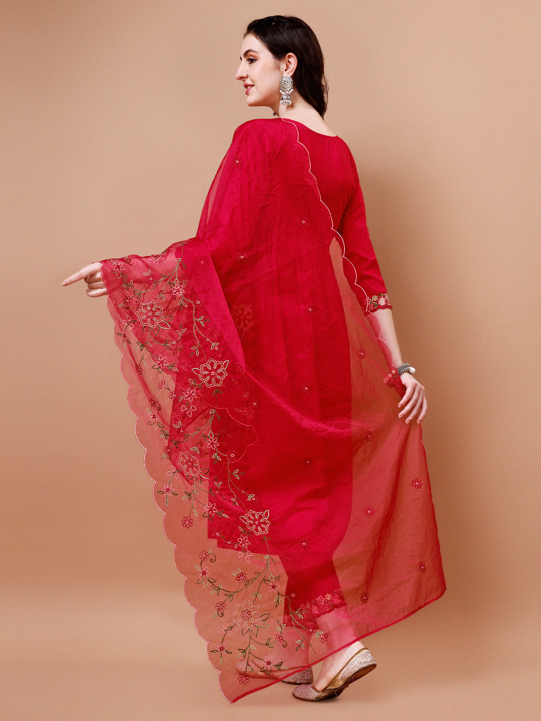 Alia Cut Embroidered Kurta With Pant & Organza Embroidered Dupatta Premium, Multicolor - Hiral Fashion - Distacart